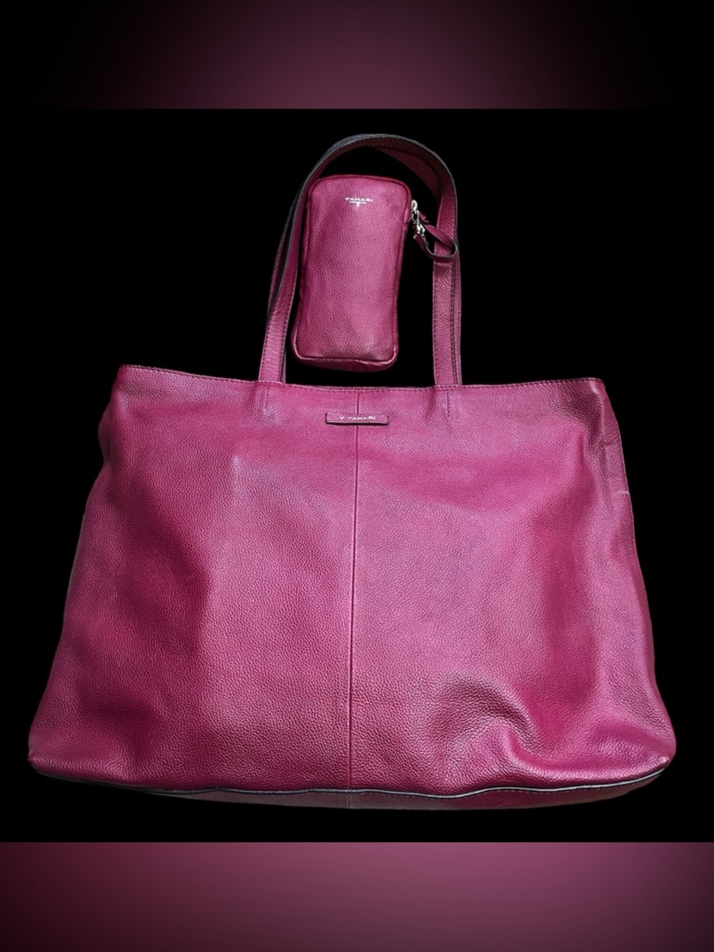 T TAHARI Bloodstone Leather Large METRO TOTE And Matching Pouch Like New